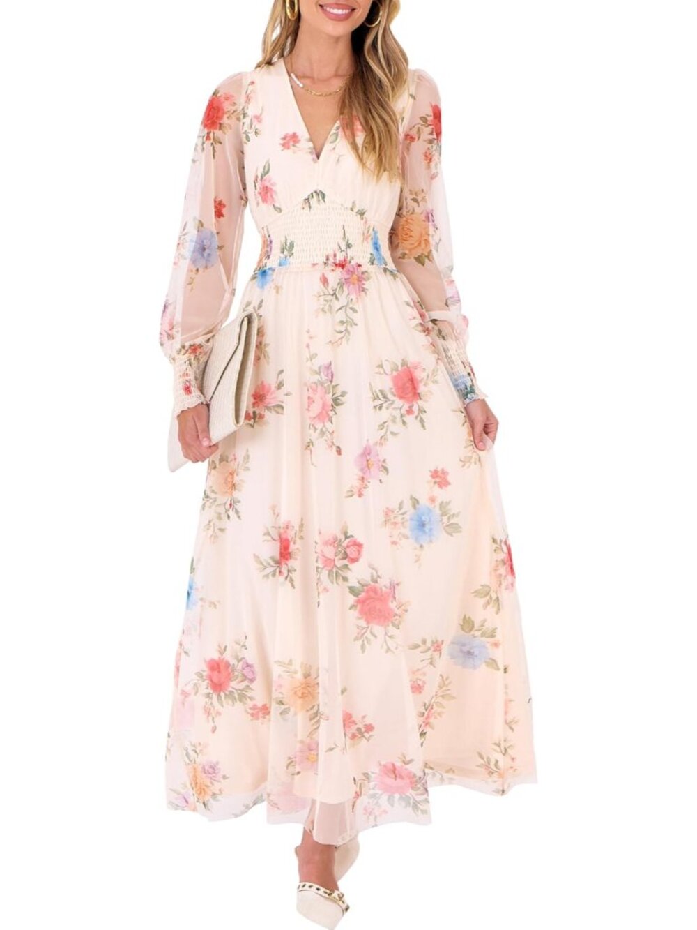 Women's Fall Floral Tulle Maxi Dress - Elegant Long Sleeve Wedding Guest Gown